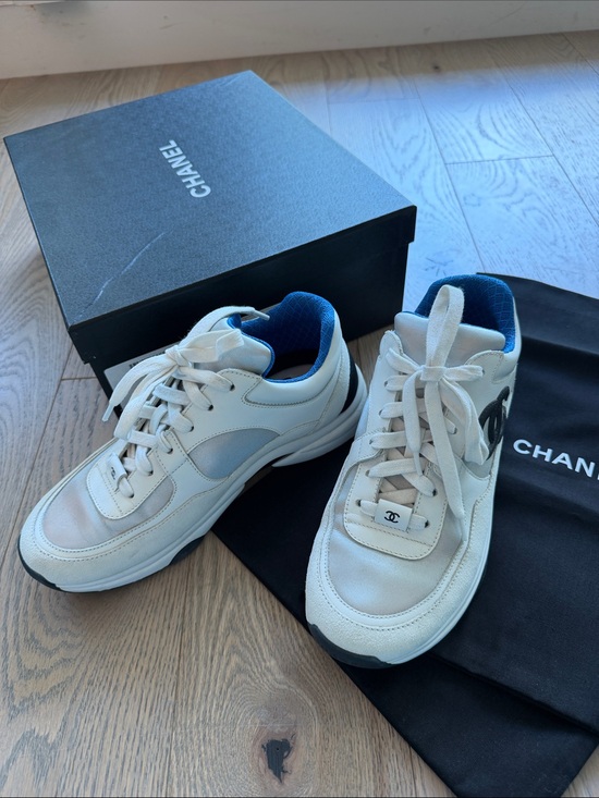 CHANEL Shoes - CHANEL White Leather Sneakers with Blue and Silver